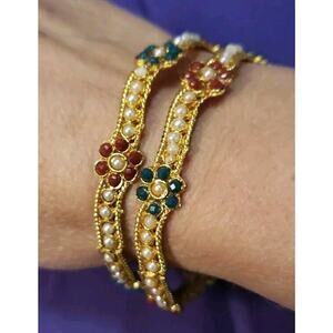 Set Of 2 Gold Tone Bangle Bracelets With Red & Green Flowers & Mini Faux Pearls